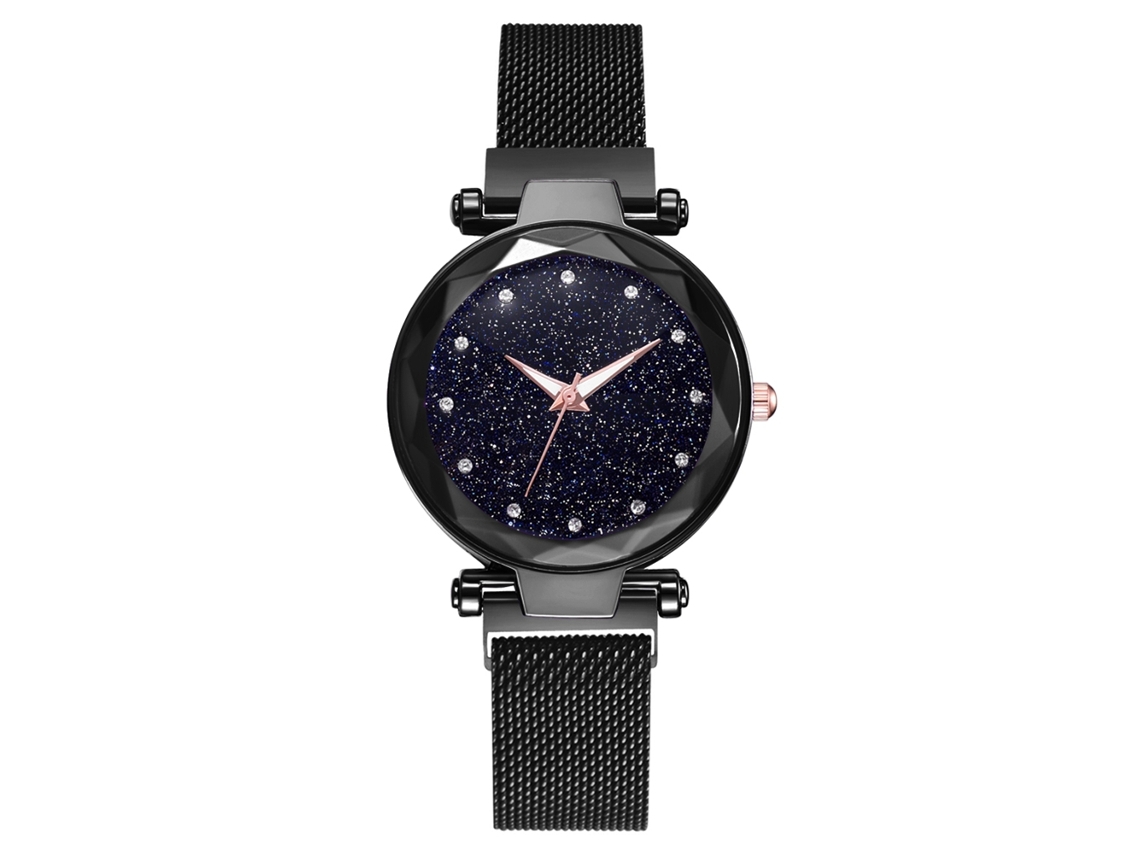 Relógio de Pulseira de Quartzo com Números Romanos e Strass Cinto de Malha Preto