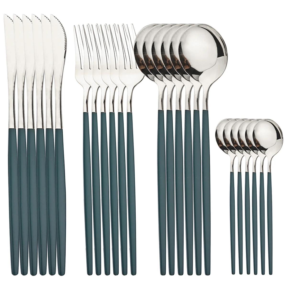 Conjunto de Jantar de Aço Inoxidável com 24 Peças , Lavável na Máquina de Lavar Louça. MDUG (verde e Prata)