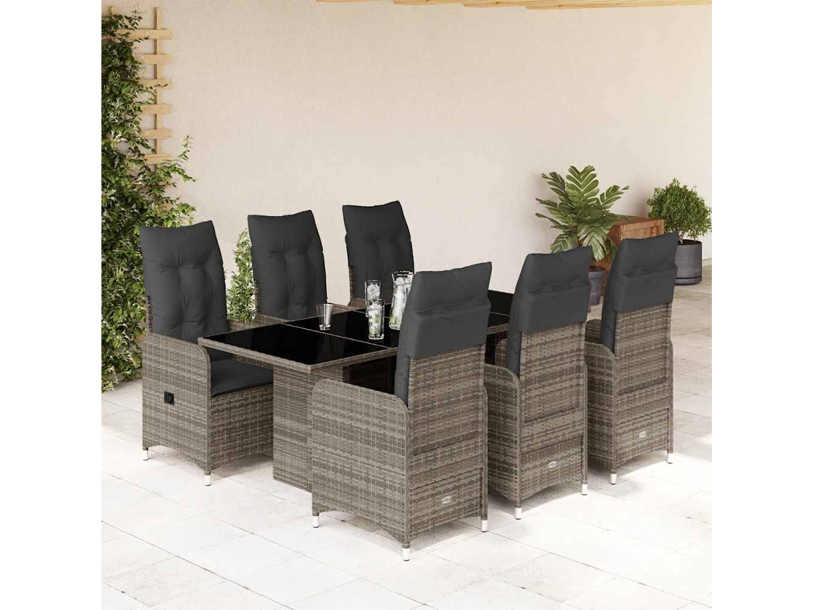 Vidaxl 7 Pcs Conjunto Bistrô de Jardim C/ Almofadões Vime Pe Cinza