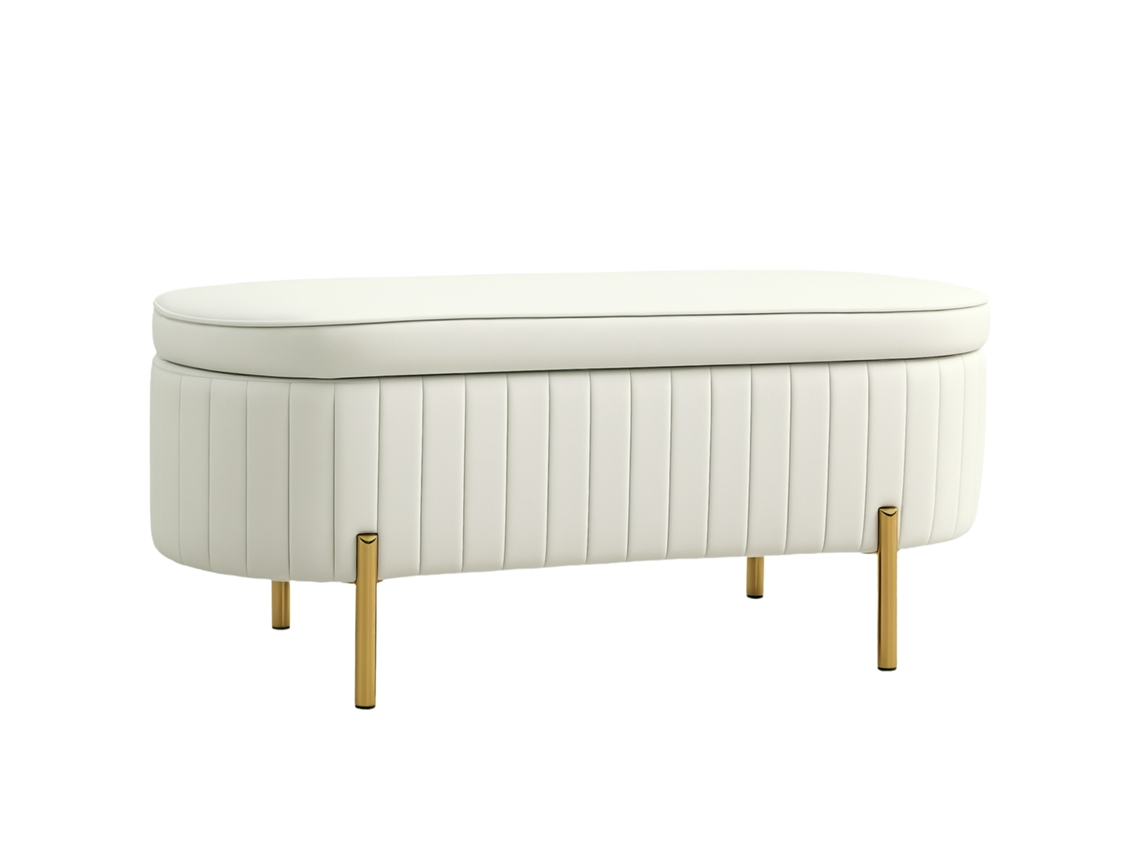 Banco Baú Oval 72l com Tampa Elevável em Tecido Aveludado e Madeira,108x44x43,5 Cm,cor Creme BTFORUS