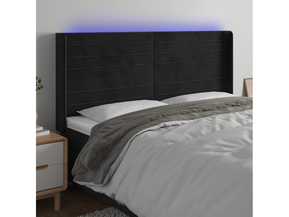 Vidaxl Cabeceira De Cama C/ Luzes Led Veludo 163x16x118/128 Cm Preto