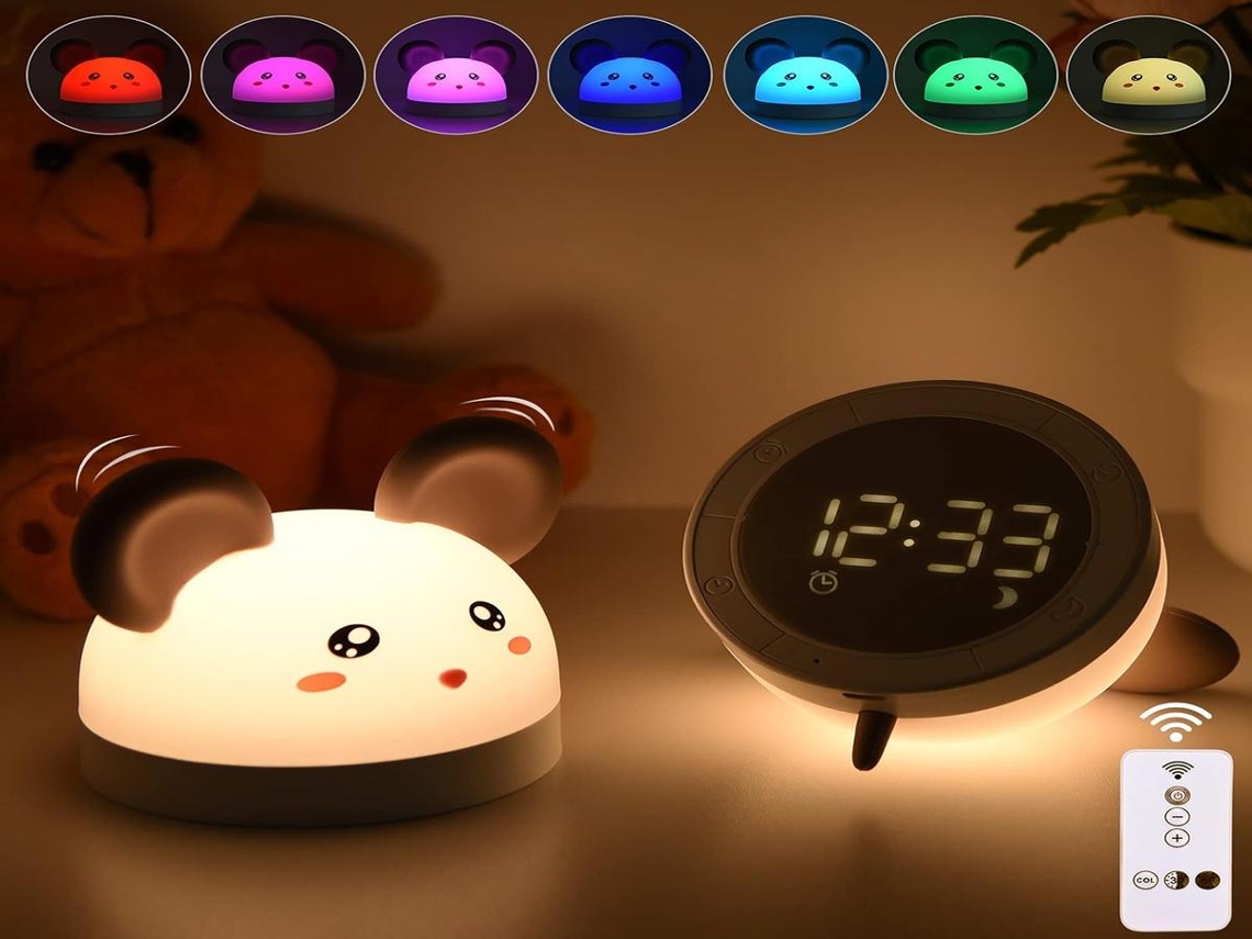 Despertador infantil Lurelia com motivo de rato, com rato de silicone, controle remoto, sensor de toque e brilho ajustável, ideal para crianças e para uso ao lado da cama.