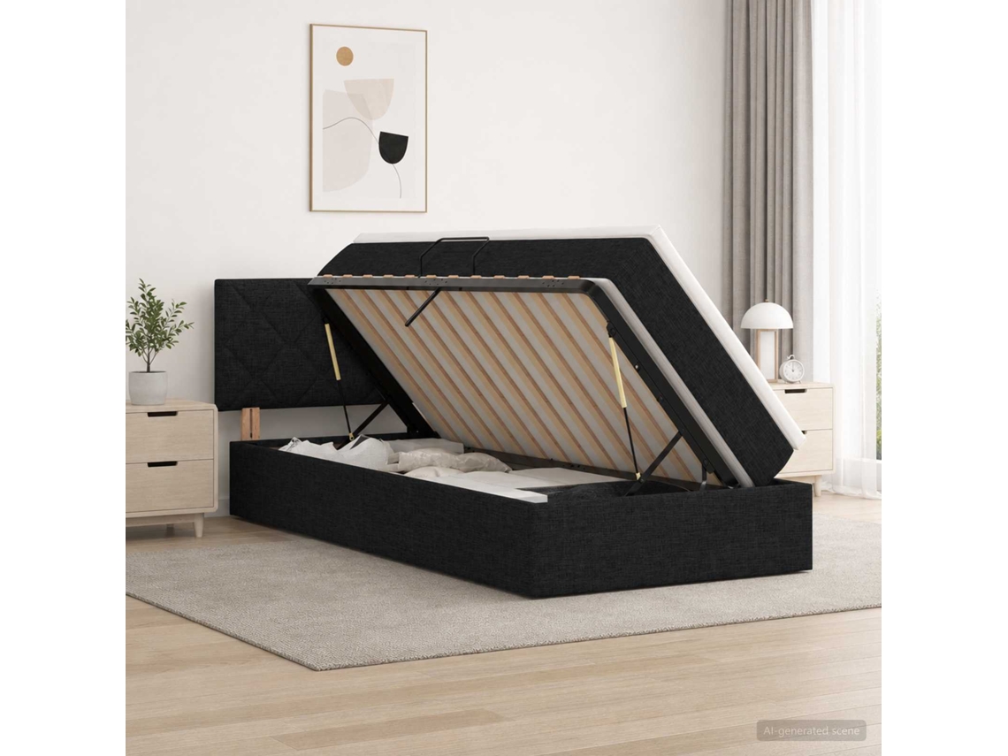 Vidaxl Cama De Armazenamento Led Com Colchão Preto 90 X 190 Cm Tecido