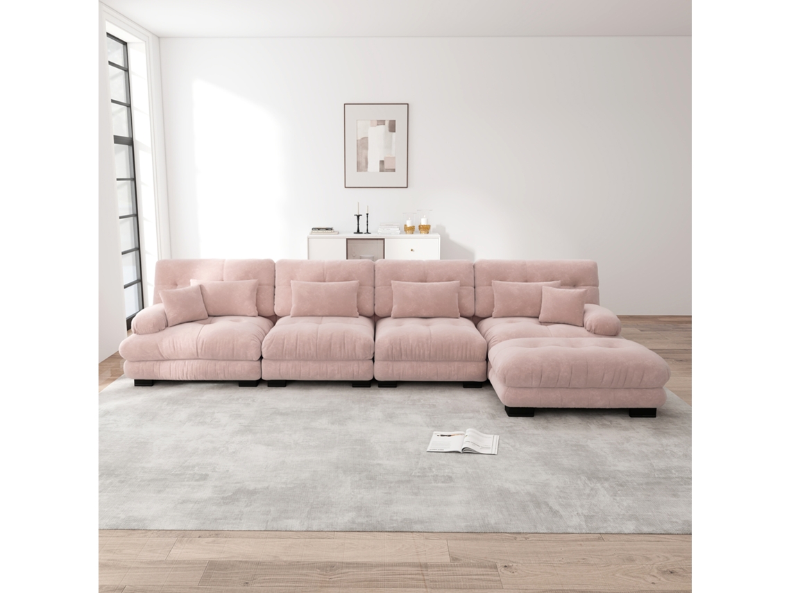 Sofá Modular De 4 Lugares - Conjunto De Sofás Em L Com Otomano Móvel - Rosa