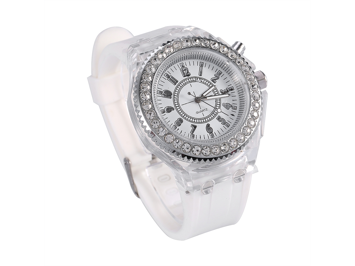 Relógio unissex de quartzo com silicone, strass, cristal, formato redondo analógico esportivo branco.