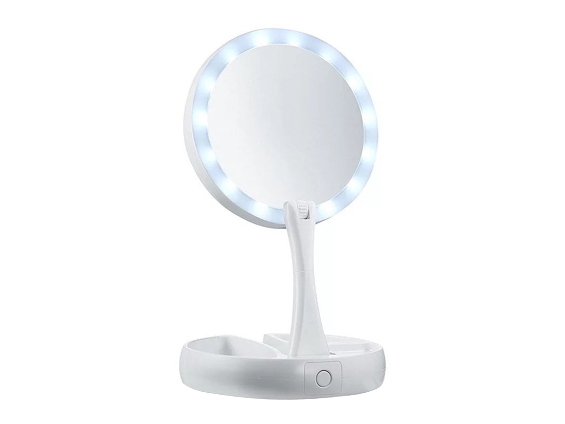 Espelho de maquiagem dobrável com LED para casa e viagens.