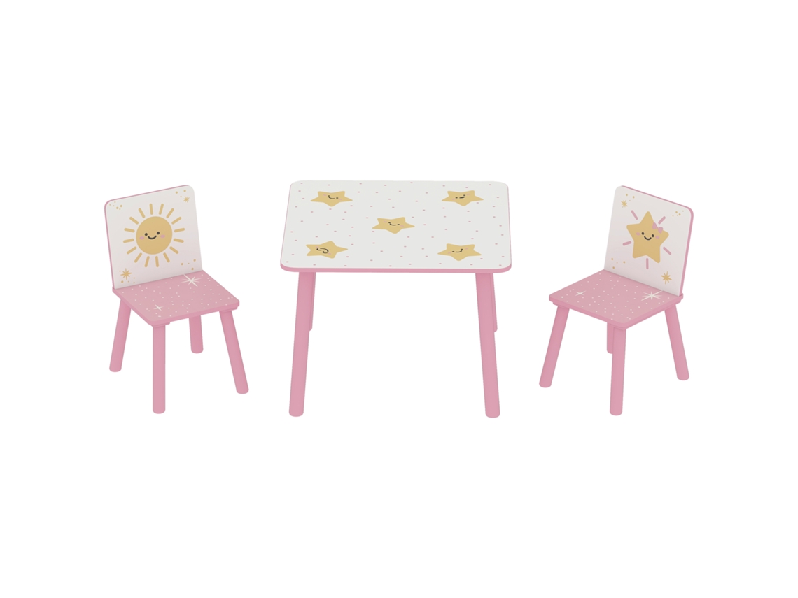 Mesa e cadeiras infantis 3 peças, 60x60x44cm, pinho, rosa, para +3 anos | S/MARCA