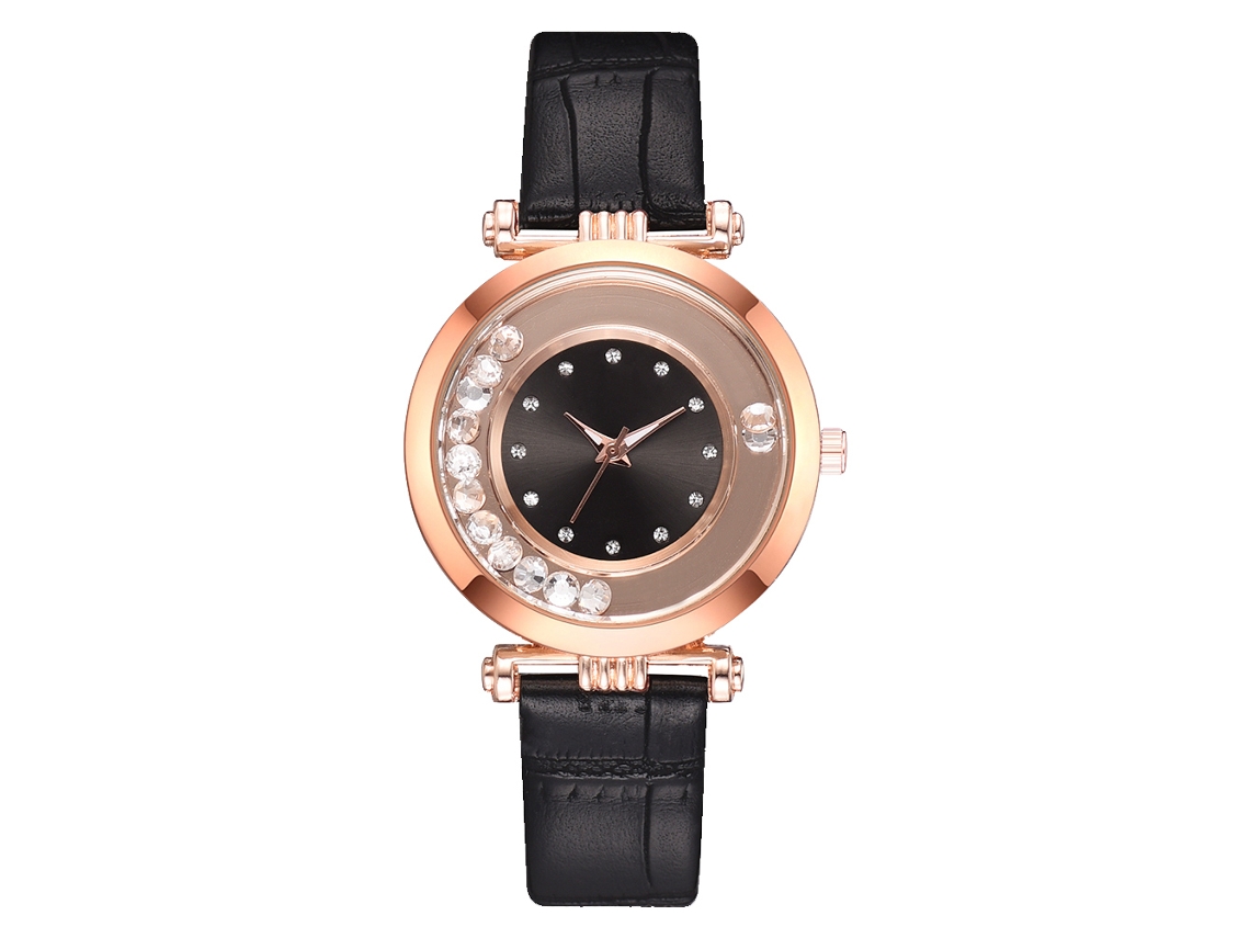 Relógio de Pulso Feminino de Moda com Pulseira de Couro Pu e Esfera Strass