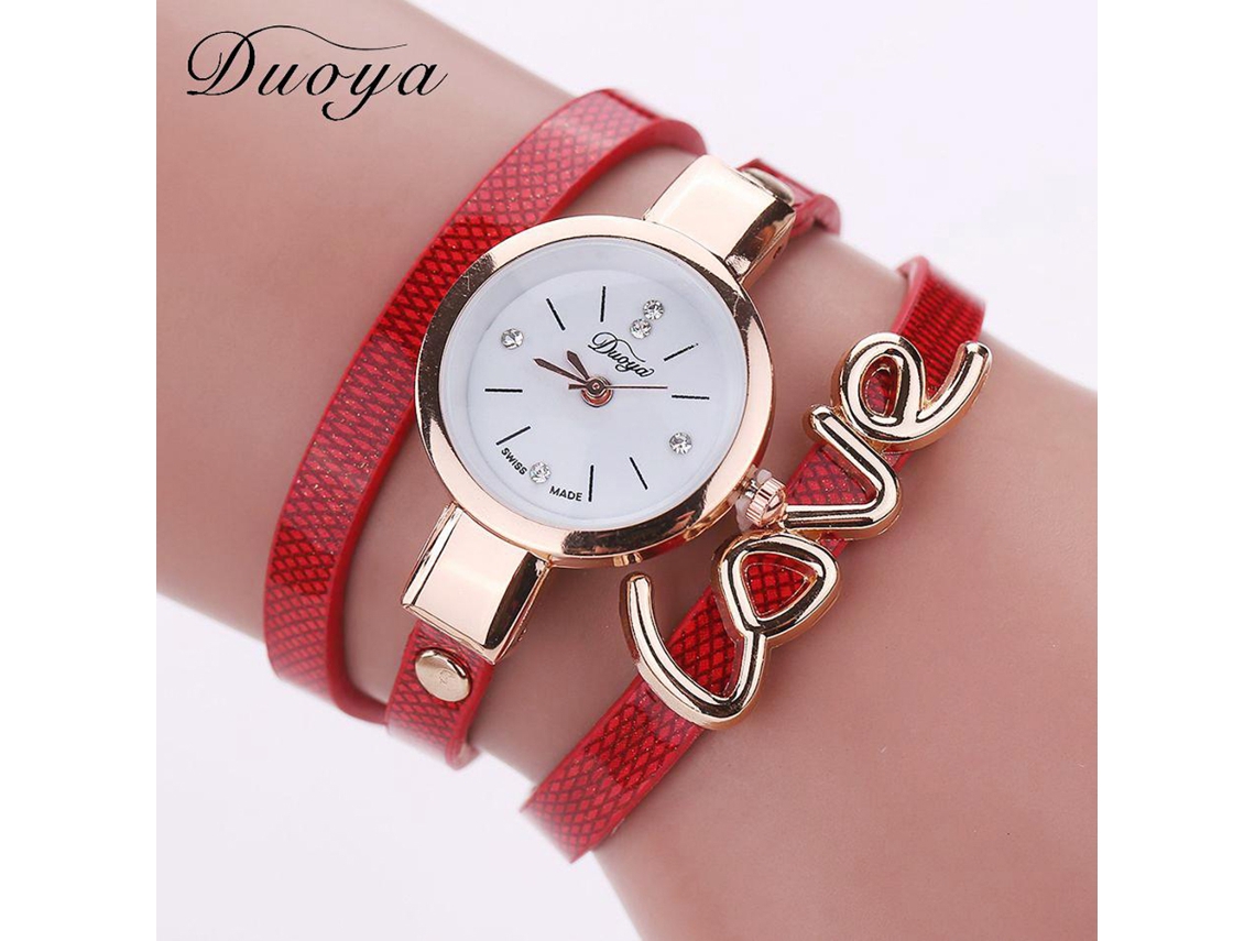 Relógio Pulseira Feminino de Cinto Pu com Decoração de Letras e Mostrador Redondo (vermelho)