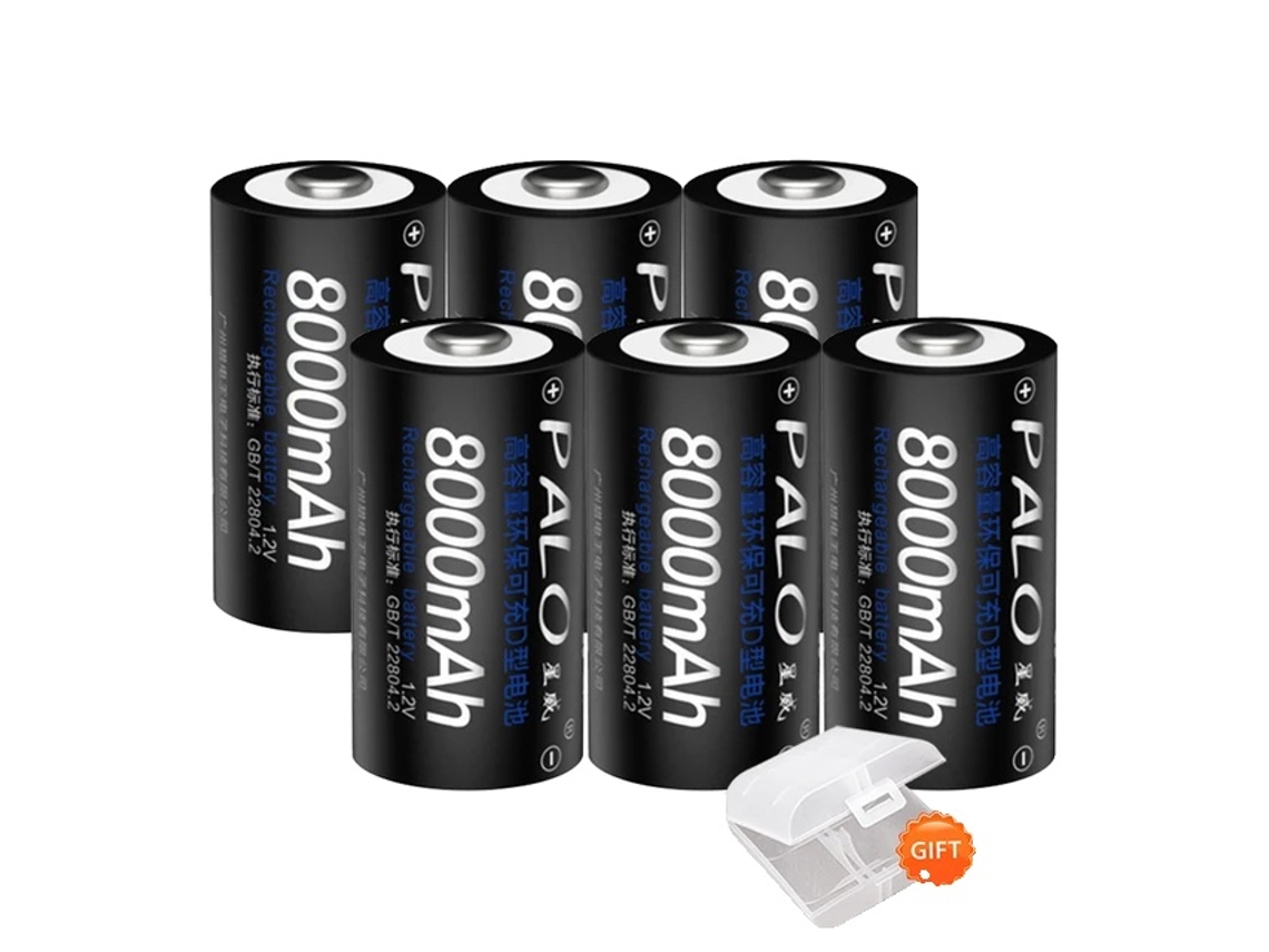 Baterias recarregáveis D, capacidade de 8000 mAh, carregador LCD, 6 baterias OEM