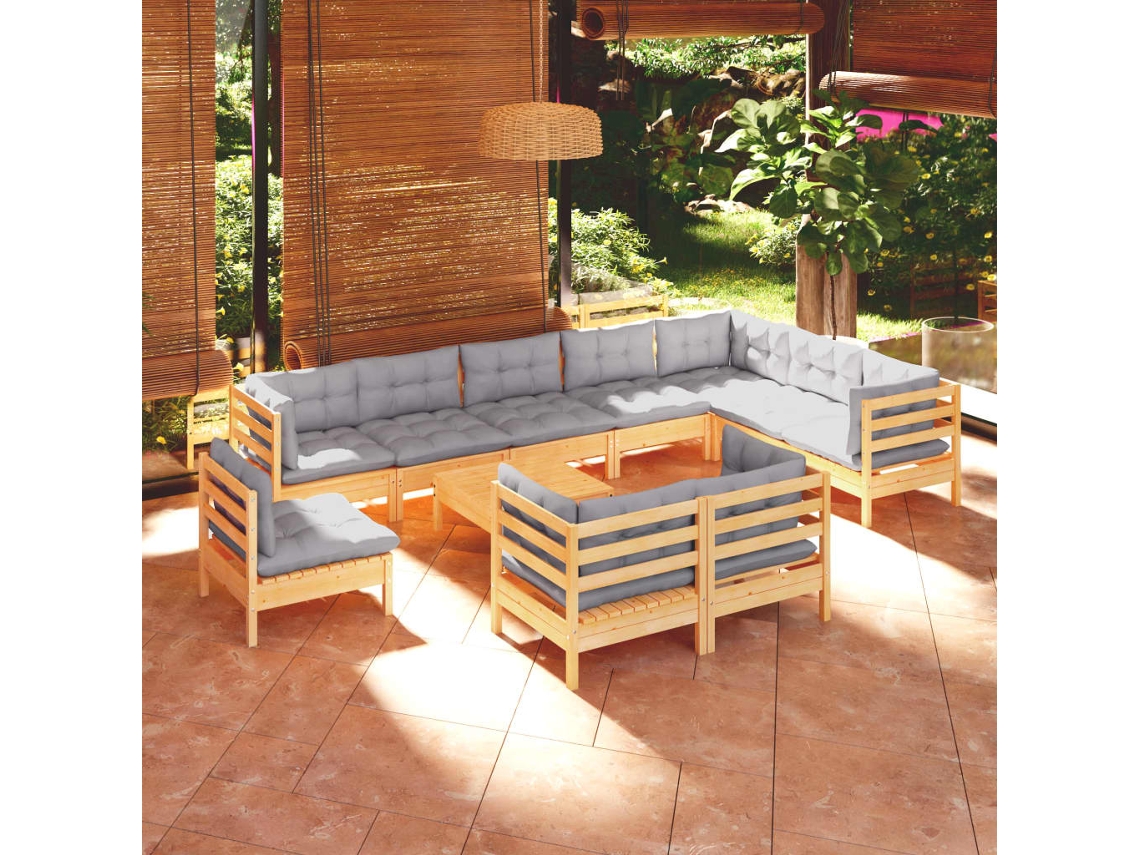 Conjunto 11pcs Lounge De Jardim Almofadões Cinza Pinho Maciço Dkd Home Decor