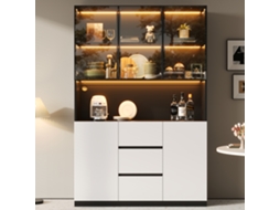 Vitrine Iluminada Em Vidro Temperado 120x40x200 Cm, Com Prateleiras Abertas, Três Gavetas E Duas Portas. Móvel Versátil Para Sala De Estar E Jantar.