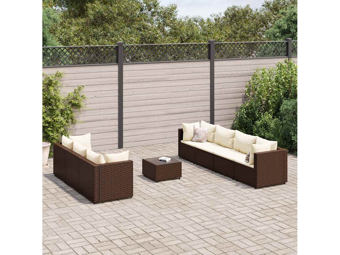 Conjunto 8 Peças Lounge Jardim C/ Almofadões Vime Pe Castanho Dkd Home Decor