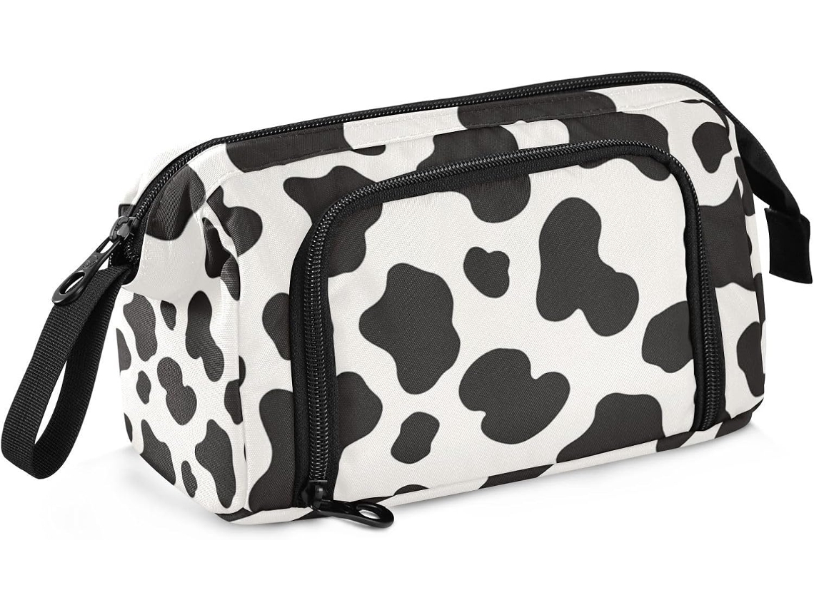 Estojo Rígido de Grande Capacidade com Zíper para Meninas, Estampa Vaca, Preto/branco. 24 X 9,5 15 Cm