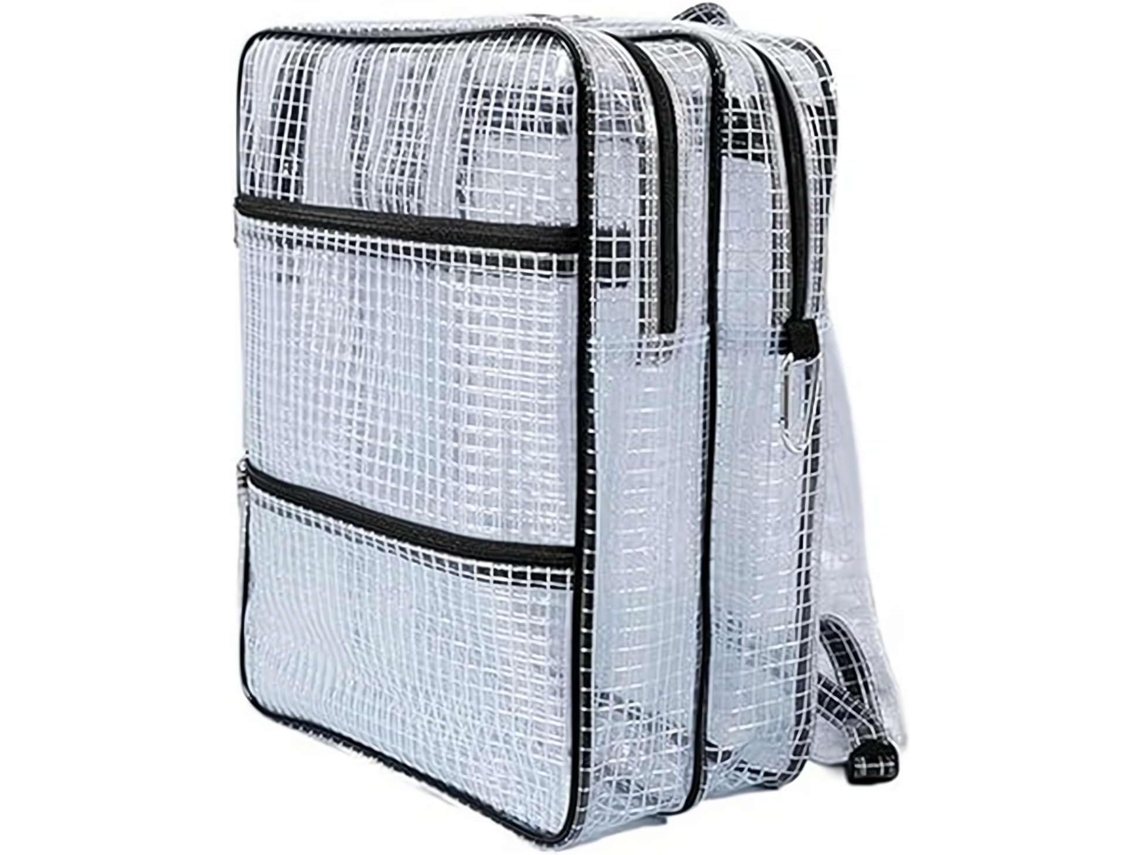 Mochila transparente antiestática em PVC para ferramentas, ideal para salas limpas, com dimensões de 45 x 35 x 20 cm.