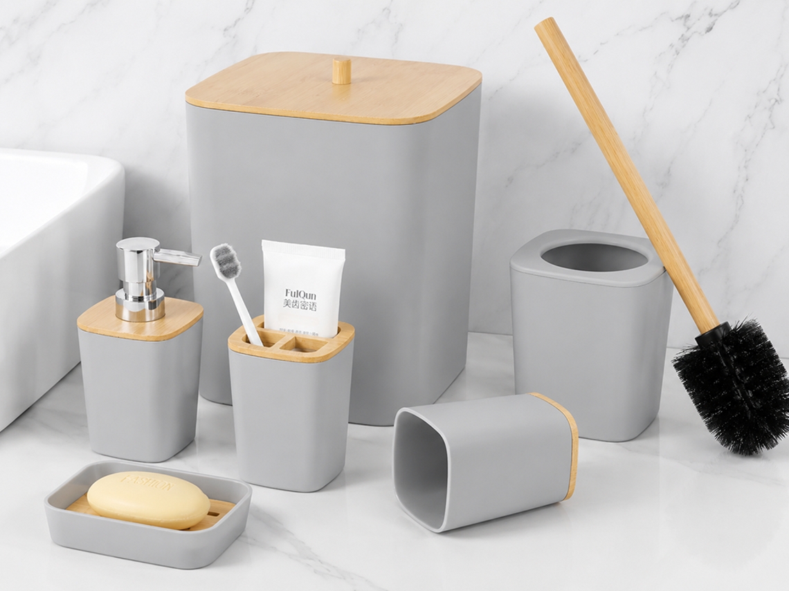 Conjunto De Acessórios Para Casa De Banho 6 Peças | Branco Mate E Bambu | Design Moderno