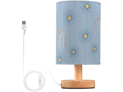 Abajur elétrico pequeno para quarto infantil com design de girassol, arco-íris e azul pastel.