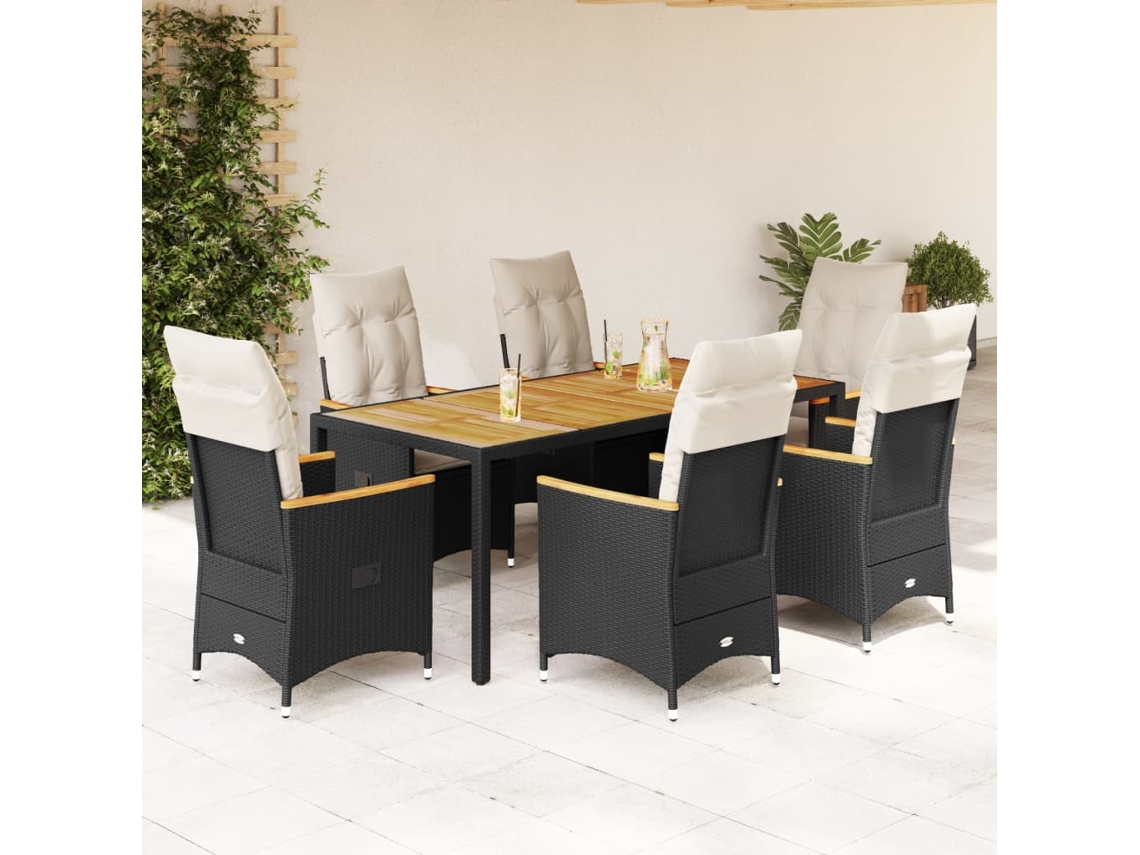 Vidaxl 7 Pcs Conjunto De Jantar P/ Jardim C/ Almofadões Vime Pe Preto