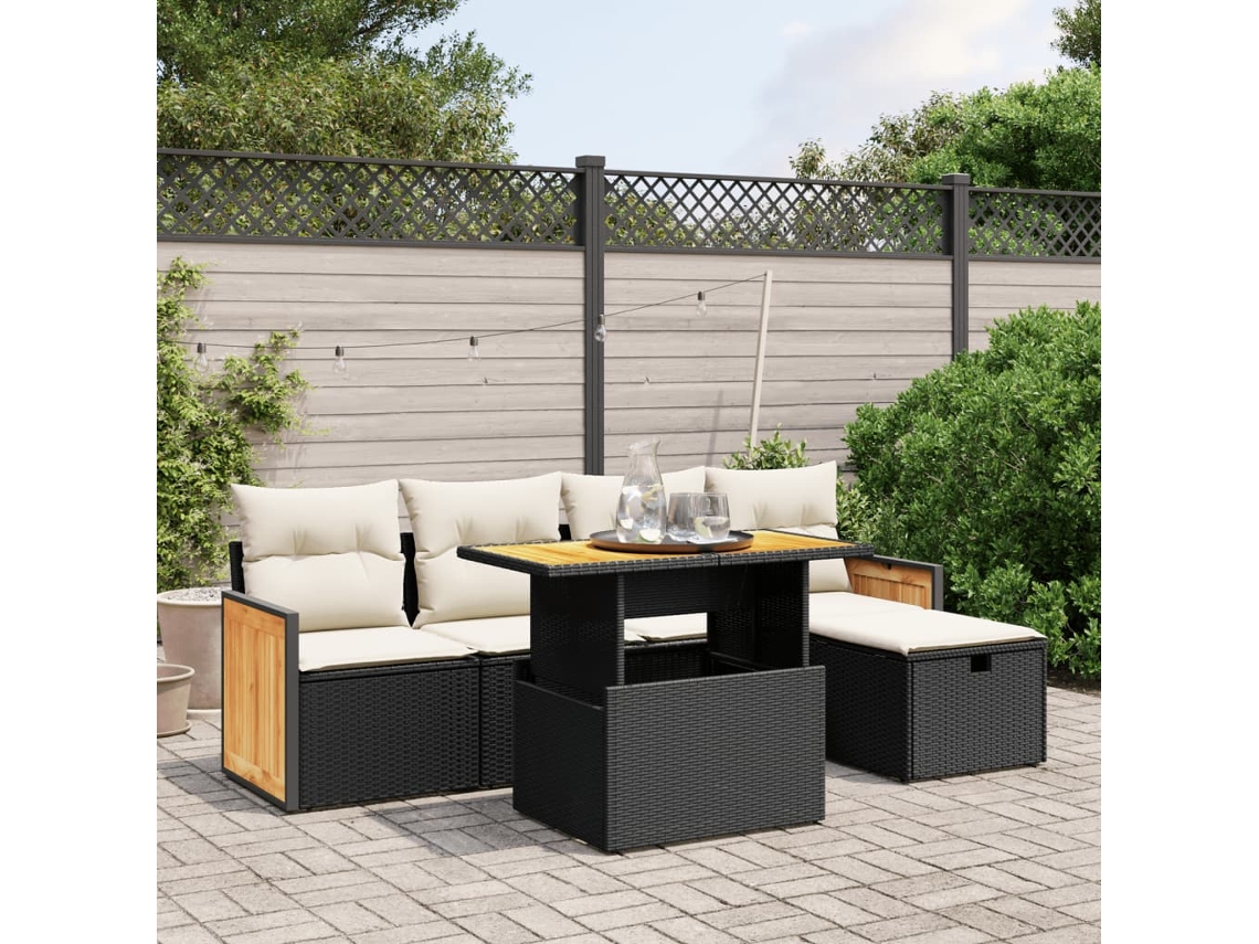 Vidaxl 6 Pcs Conjunto Sofás De Jardim C/ Almofadões Vime Pe Preto