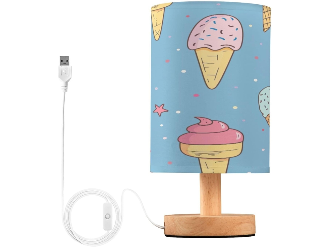 Luminária De Cabeceira Skyshu Em Formato Casquinha Sorvete, Pequena Luminária De Mesa Led Usb Com Base Madeira
