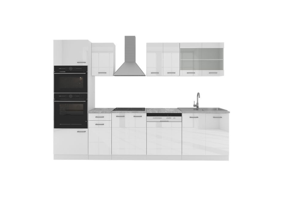Cozinha R-Line, 300 cm com armário alto, Mármore PT, Branco, Vicco