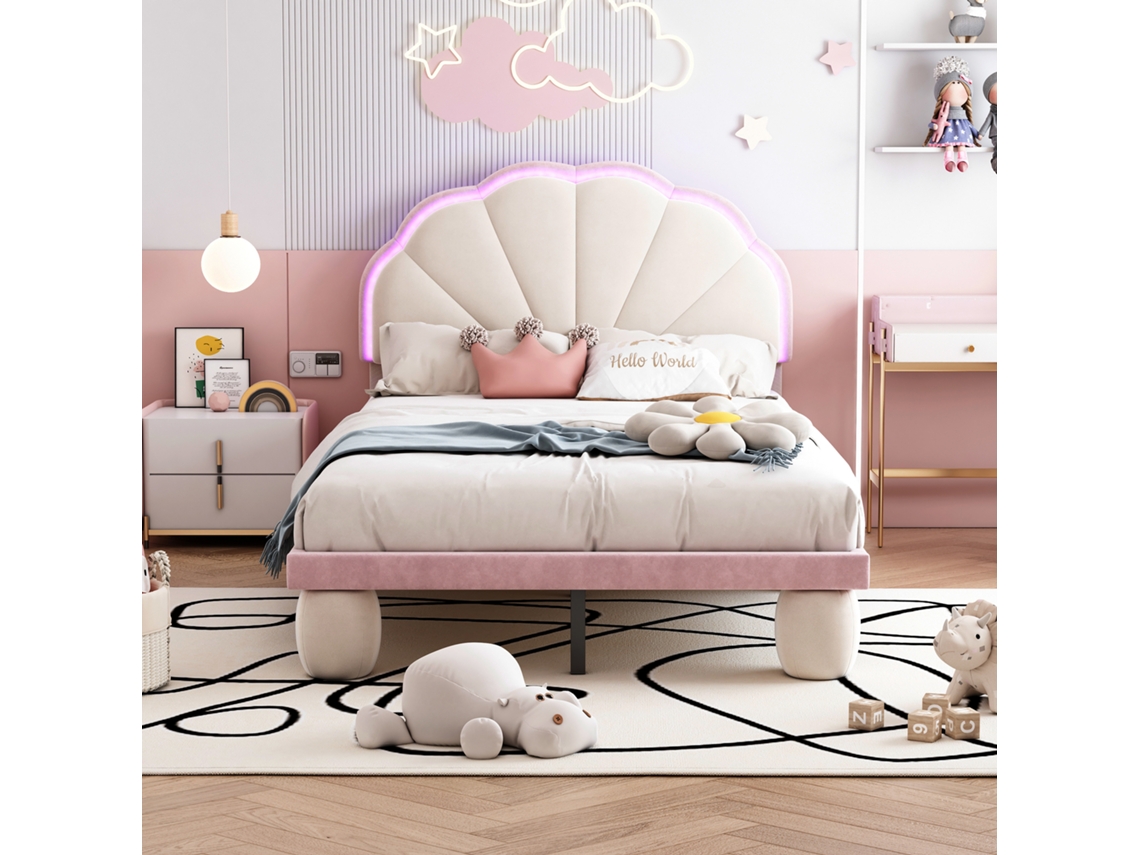 Cama Infantil Seda Bege+rosa 90x200cm Led Multicolorido Apoio Cabeça