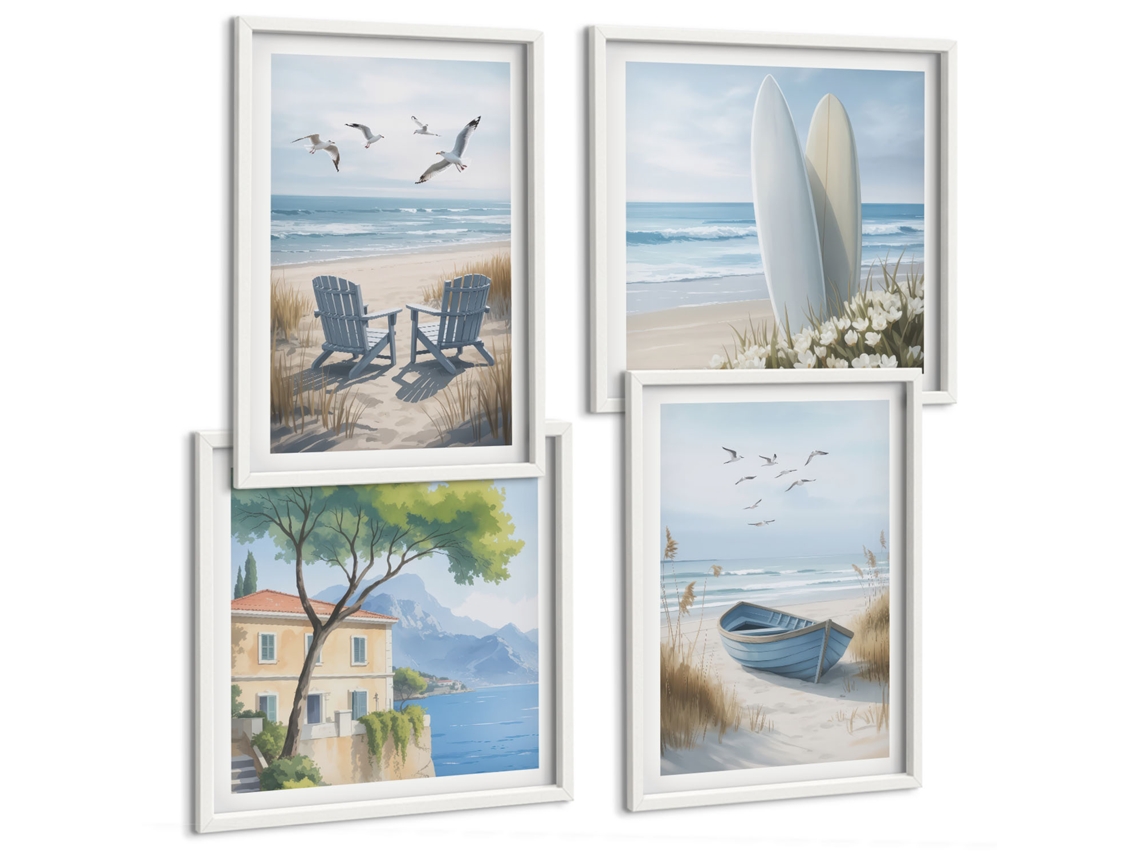 Composição De Quadros Na Parede Praia, Pranchas De Surfe, Pássaros Moldura Branca Imagens Para Um Quarto Infantil Espelharte (conjunto De 4 Imagens)