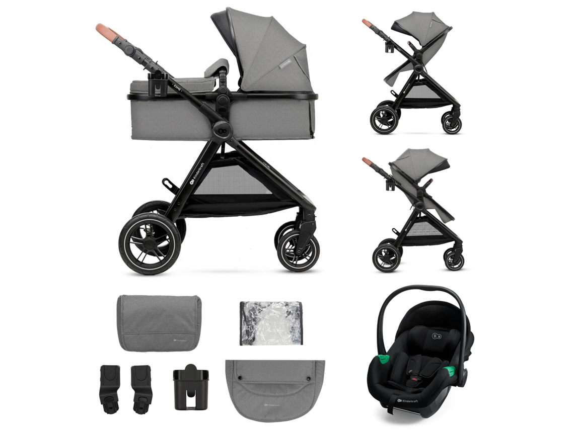 Carrinho de Bebé Kinderkraft ESME 3 em 1 com Alcofa 2 em 1, Travel System e Suspensão Total Cinzento