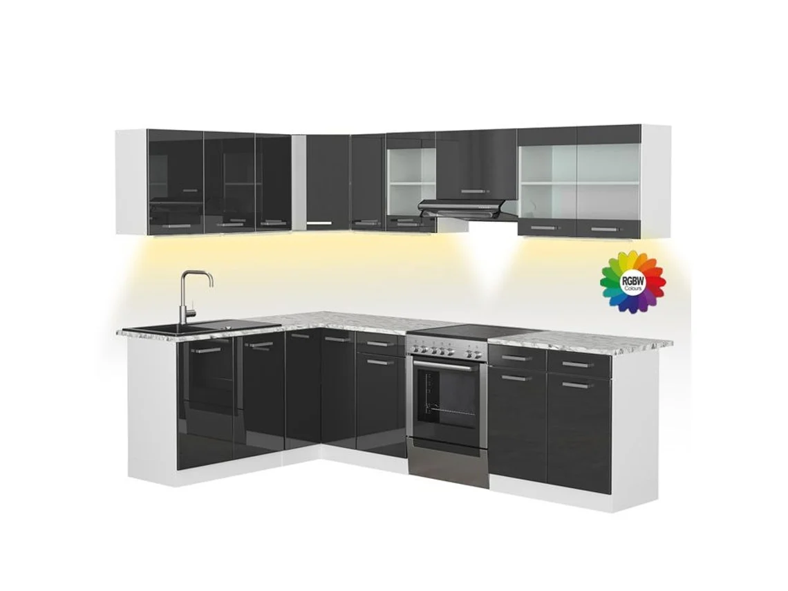 Cozinha De Canto Rick, 270x60cm, Pt Mármore Com Faixa De Led, Antracite Alto Brilho/branco, Vicco