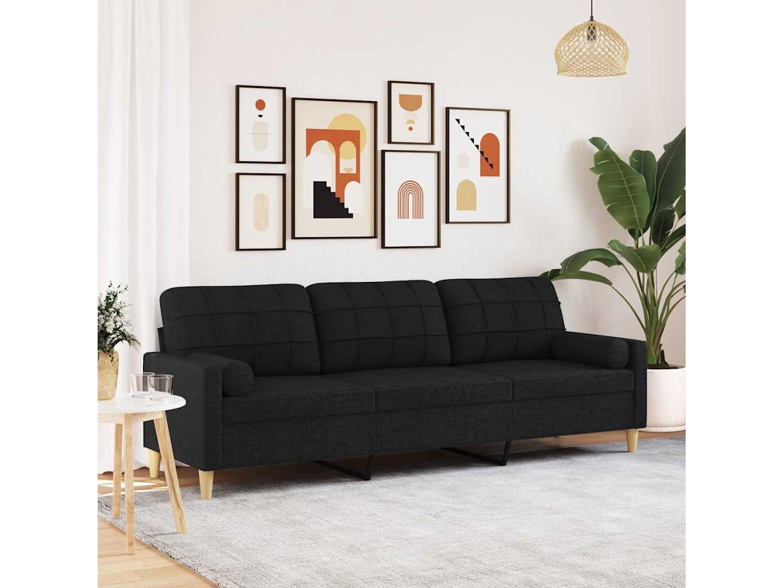 Vidaxl Sofá 3 Lugares C/ Almofadas Decorativas 210 Cm Tecido Preto