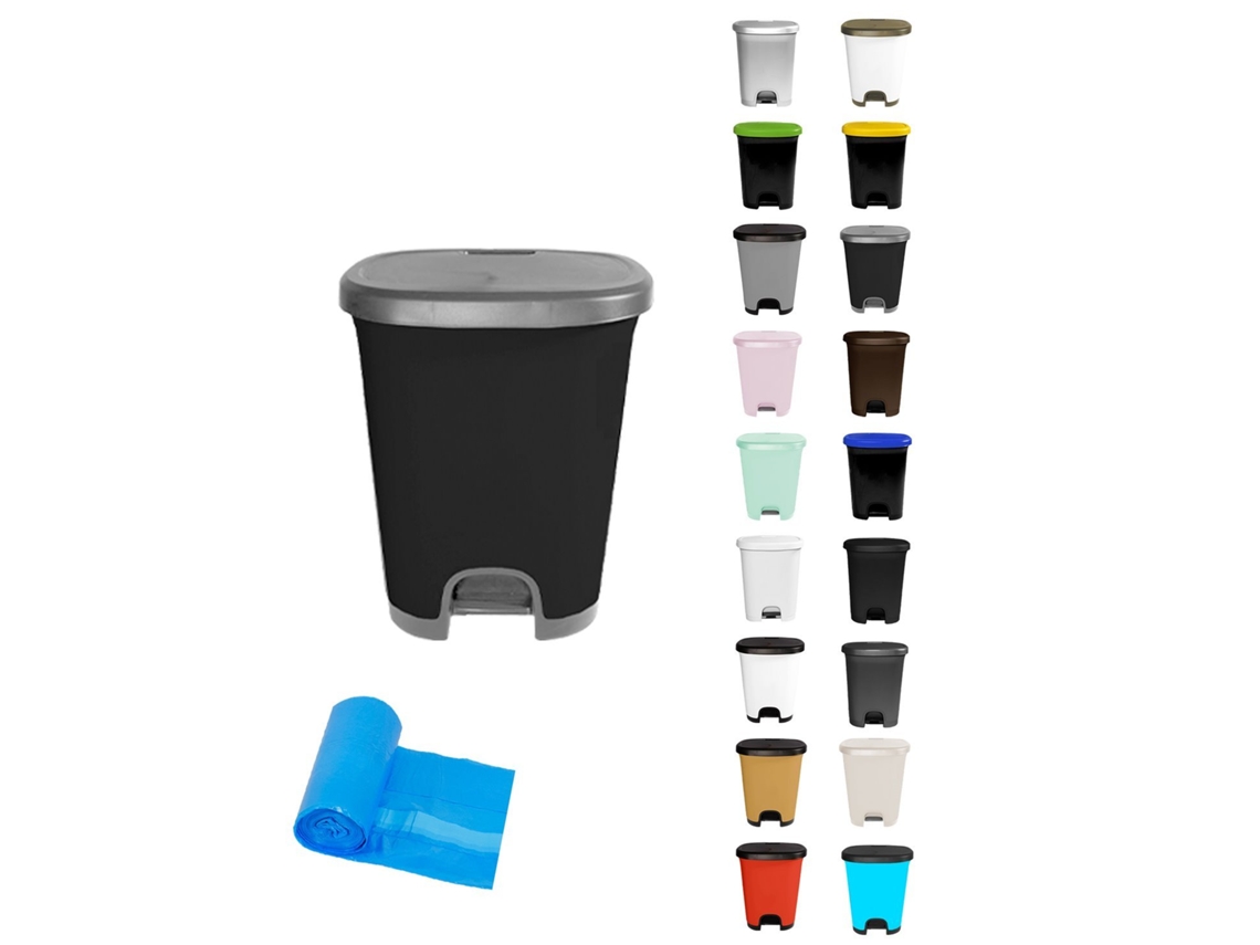 Cubo Basura Plástico Moderno | Apertura Con Pedal | Cubo Reciclar Plata - Negro 27 Litros + Bolsas