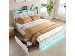 CAMA DE CASAL 160x200cm Linho, com iluminação LED, 4 gavetas metálicas, portas USB/Tipo C, moderno, bege