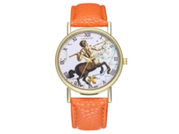 Relógio de quartzo com pulseira de couro e mostrador pintado da Universal Sagittarius laranja.