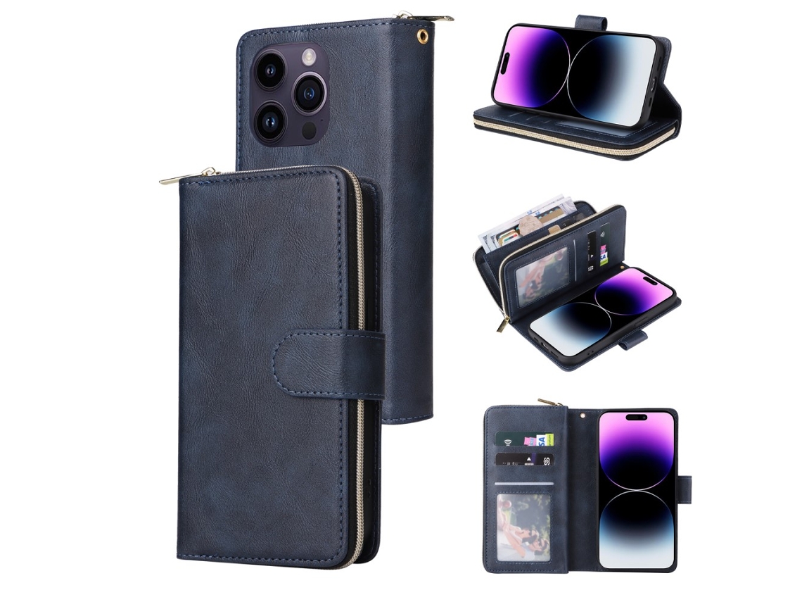 Capa Para Iphone 15 Pro Max Pele Sintética Com Porta-cartões Azul