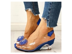 Sandálias de salto wedge transparentes com flor e strass para mulher, verão, praia, festa, moda, confortável, antiderrapante Azul | S/MARCA