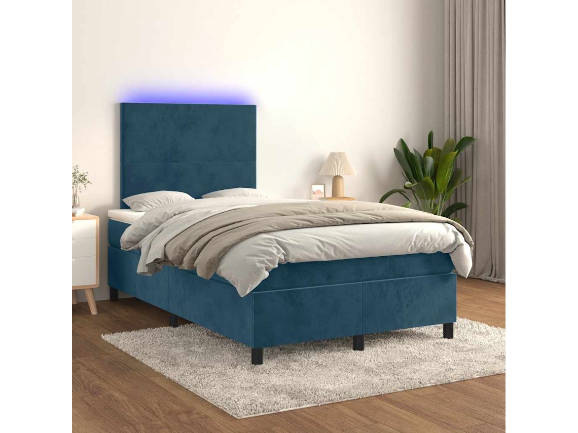 Vidaxl Cama Box Spring C/ Colchão/led 120x200 Cm Veludo Azul-escuro