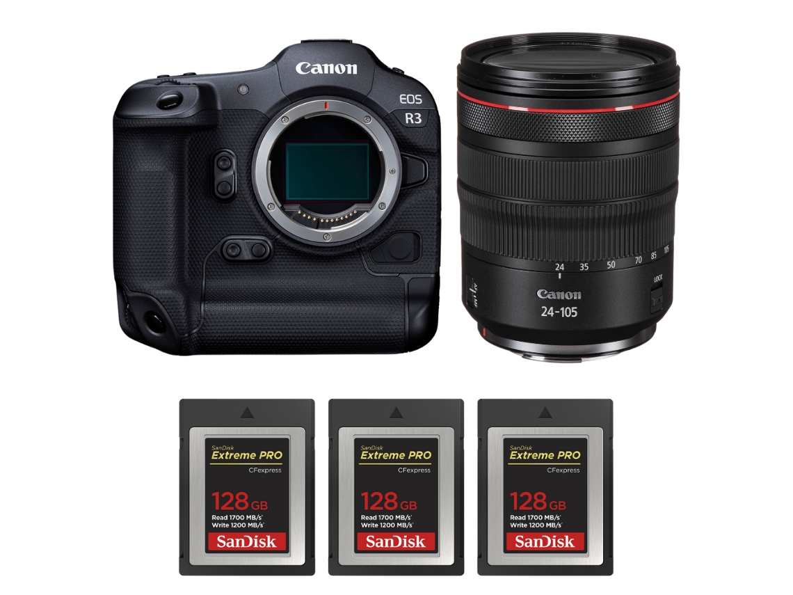 Eos R3 + Rf 24 105mm F/4 L Is Usm + 3 Sandisk 128gb Extreme Pro Cfexpress Type B + Ebook “20 Dicas para Fotos Que Impressionam” CANON