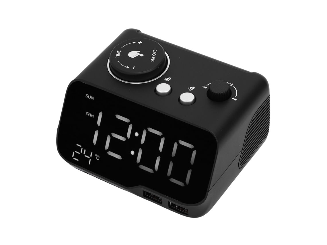 Despertador duplo com alto-falante Bluetooth, rádio FM, visor LED e hora do dia.