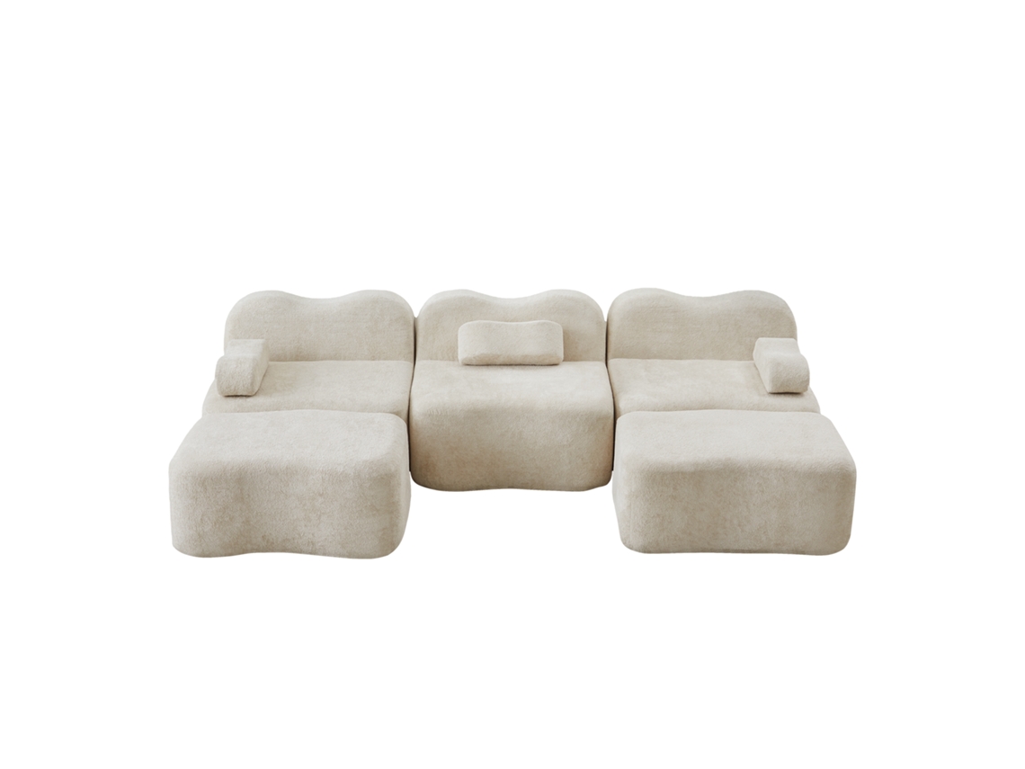 Sofá Modular U-forma 3 Lugares Com 2 Puffes Em Espuma 32d, Assento Profundo E Almofadas Móveis, Bege Para Sala De Estar
