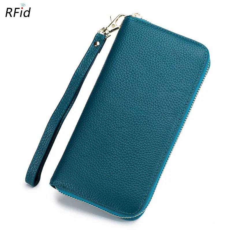 (pl-a218 Azul) Carteira Feminina Em Couro Genuíno Com Porta-cartões Antifurto Rfid, Luxuosa Carteira Longa Com Zíper Em Couro Bovino.