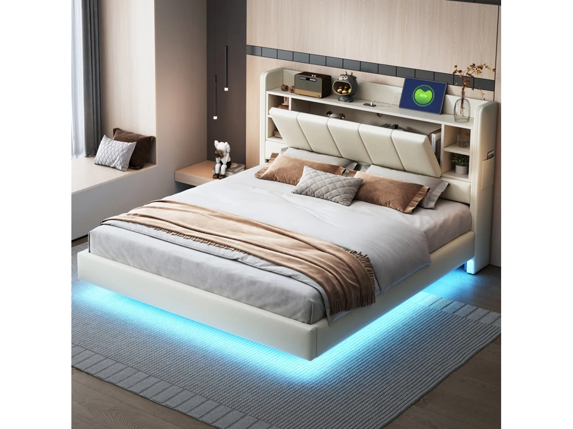 Cama Linho Bege 160x200 Led Usb Cabeceira Prateleiras