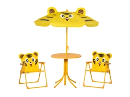 Conjunto De Móveis De Jardim Infantil Com Design De Tigre, 4 Peças - Mesa Redonda + 2 Cadeiras Dobráveis + Guarda-sol - Oxford Amarelo