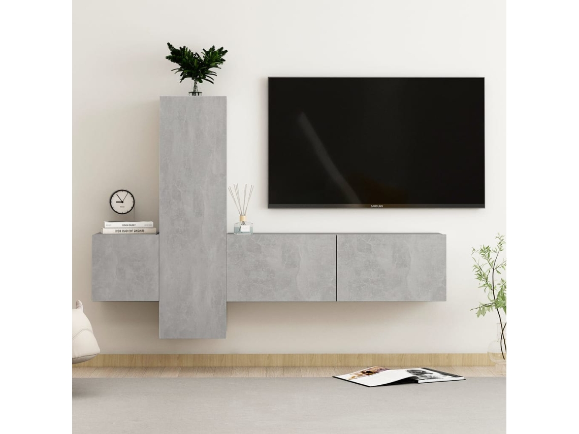 3 Pcs Conjunto De Mã³veis De Tv Compensado Cinza Cimento DKD HOME DECOR