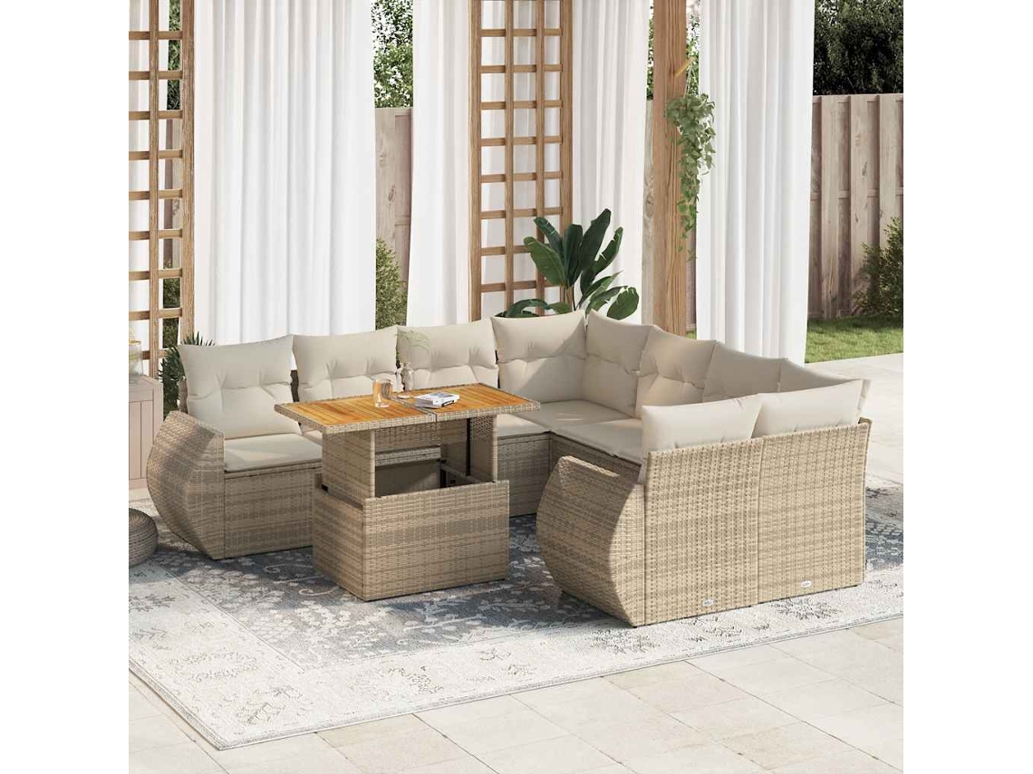 Vidaxl 9 Pcs Conjunto De Sofás P/ Jardim Com Almofadões Vime Pe Bege