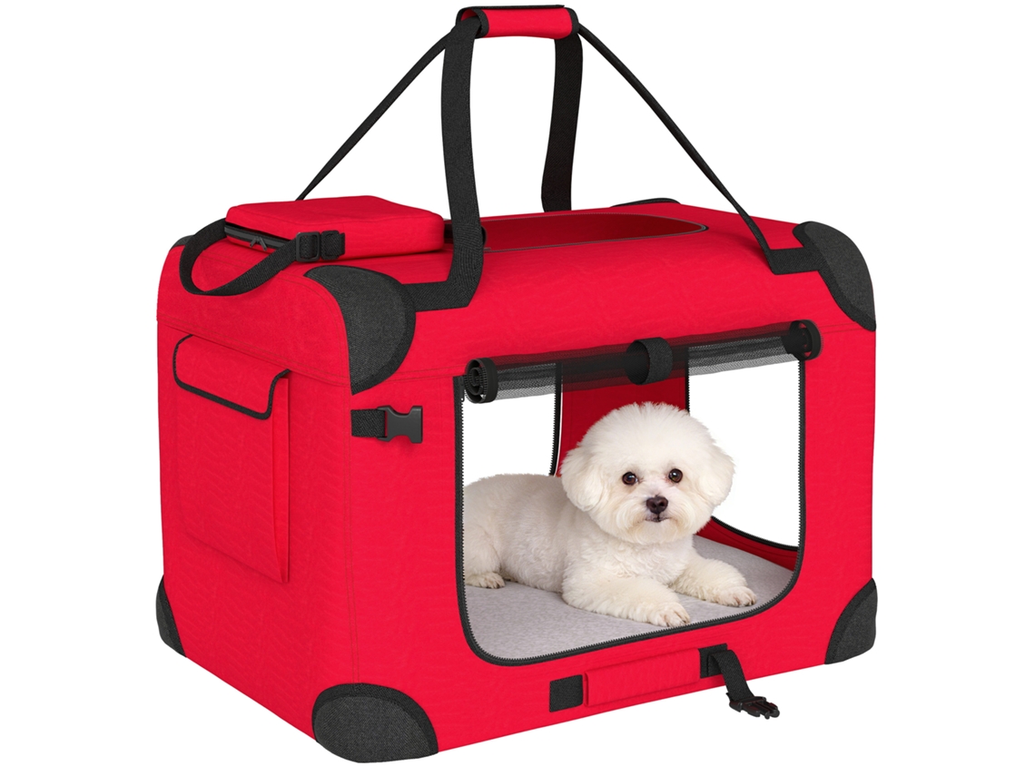 Transportadora Dobrável para Cães 60x41,5x41 Cm com Janelas de Rede, Almofada Macia e 2 Alças para Mini Cães e Gatos Vermelho Ge