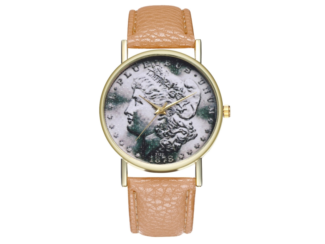 Relógio feminino de quartzo com pulseira elegante em couro PU e mostrador vertical (bege).
