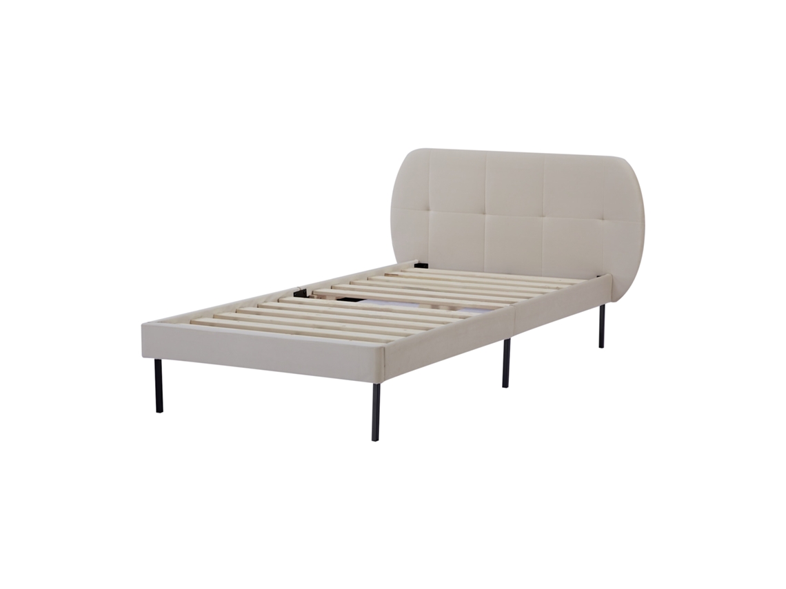 Cama com Cabeceira Estofada Porvoo [EN.CASA] Madeira de Pinho Veludo Bege (90x200cm)