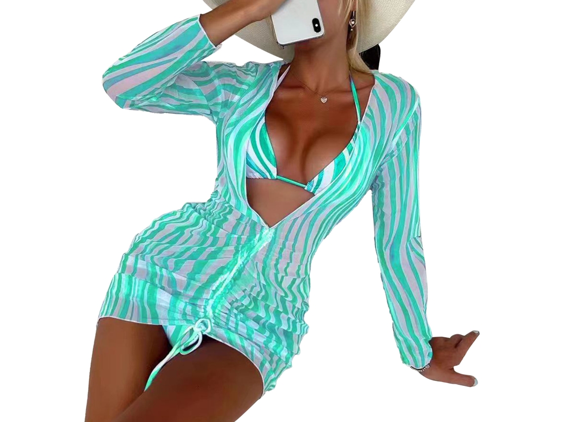 Bikini 2 Peças Verde Lago Listrado com Malha Transparente Manga Longa