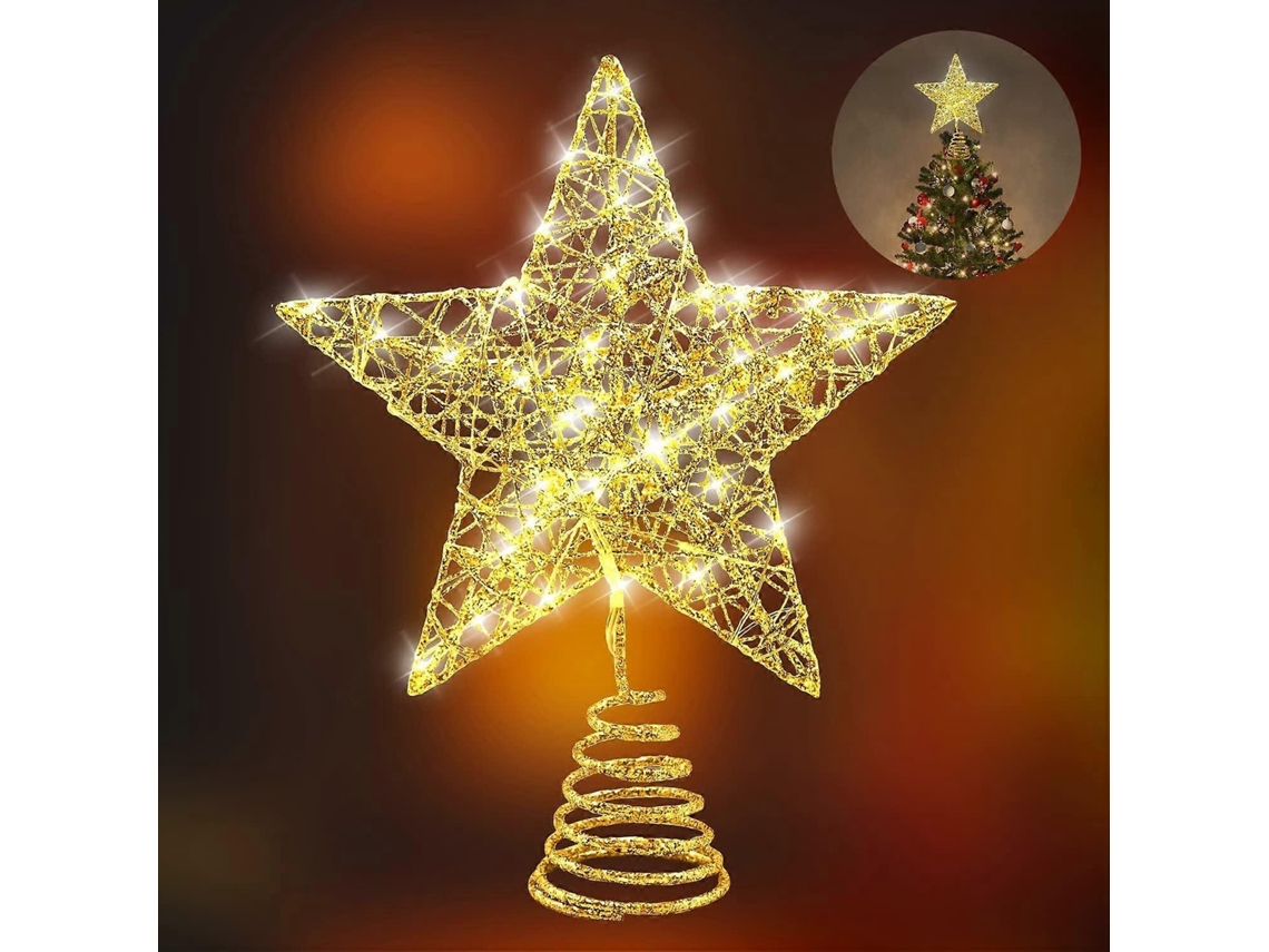 Estrela De Topo Para Árvore De Natal Em Metal Com Brilho E 15 Luzes Led, 8 Polegadas