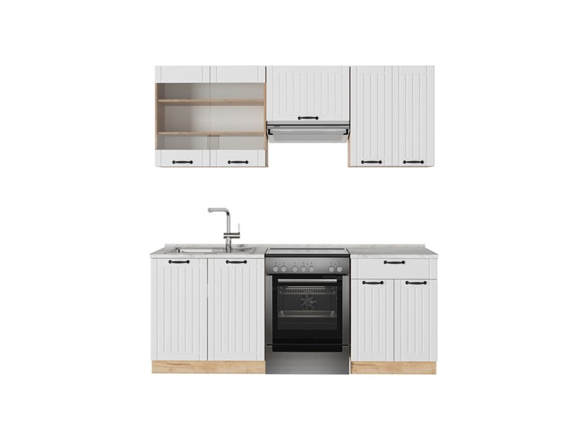 Linha De Fama De Cozinha, 200cm, Pt Mármore, Branco Campagne, Carvalho De Força Dourado, Vicco